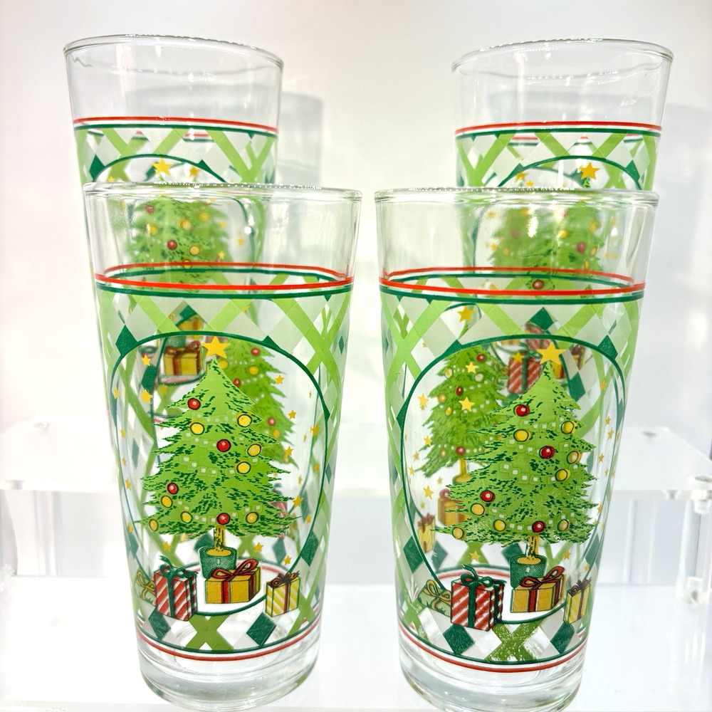 Vtg KIG Indonesia Glass Tumblers Christmas Tree Gifts & Lattice Design Set Of 4
